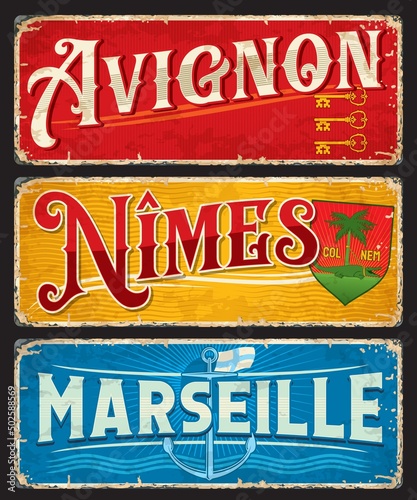 Avignon, Nimes, Marseille french city travel stickers and plates. European voyage grunge tin sign or plate, France travel destination city grungy postcard or nostalgic sticker with cities symbols