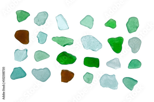 collection of sea glass on a white background close-up photo