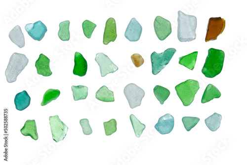 collection of sea glass on a white background close-up