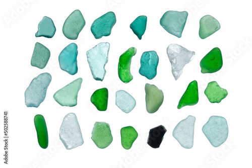 a pattern from the collection of sea glass on a white background close-up