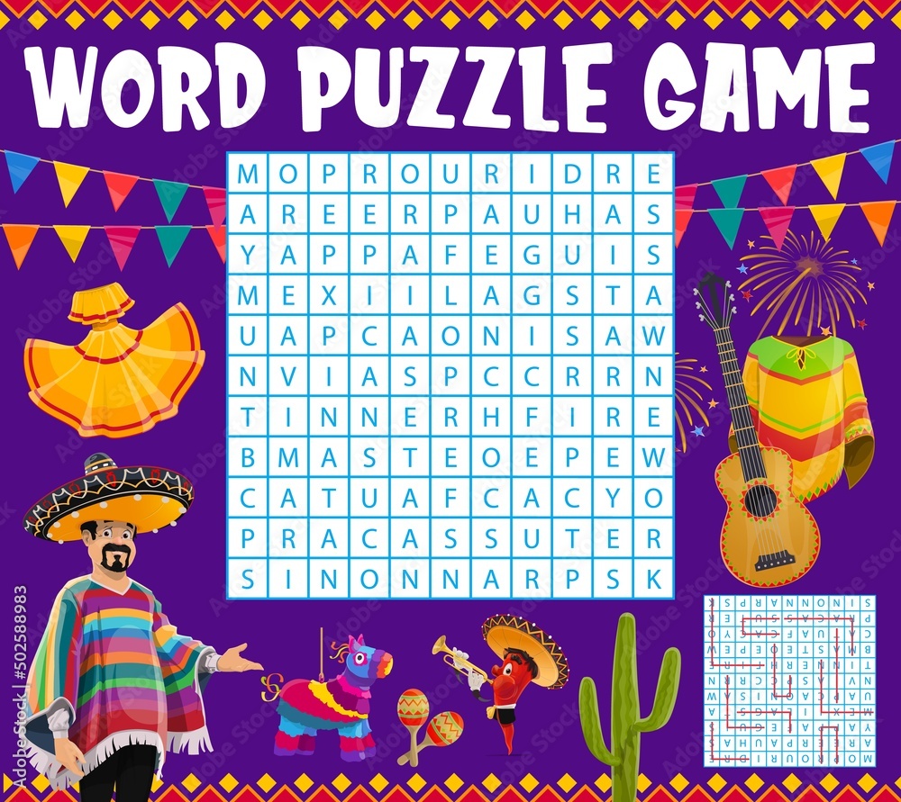 Mexican holiday items word search puzzle quiz game worksheet. Vector