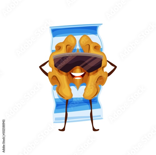 Cartoon walnut in sunglasses on beach mat. Funny vector nut character tanning and relax lying on towel during summer vacation at ocean coastline or hotel pool. Kernel personage on holidays