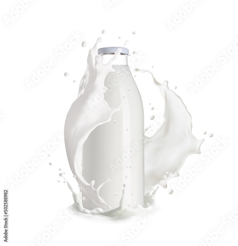 Realistic milk bottle with cream splash, isolated vector white wave with drops around glass flask with dairy product. 3d fluid with splatters, liquid milky flow stream, calcium food