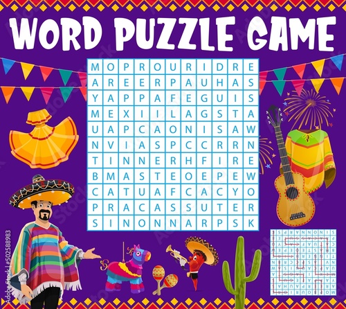 Mexican holiday items word search puzzle quiz game worksheet. Vector kids crossword grid with pinata, pepper, maracas, cactus, poncho, firework, guitar, flags and dress. Brainteaser task for children