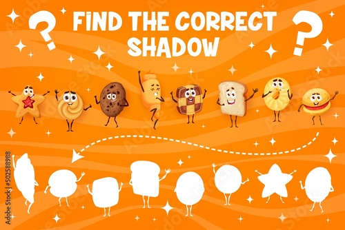 Cookies desserts and bakery characters, find the correct shadow kids game. Cartoon worksheet with croissant, chocolate cookie, shortbread and bread toast slice personages, matching riddle