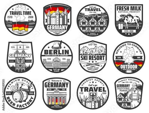 Travel to Germany vector icons, German famous landmarks, sightseeing, architecture and touristic attractions. Travel agency isolated labels, european city tours to ski resort, beer factory, monuments