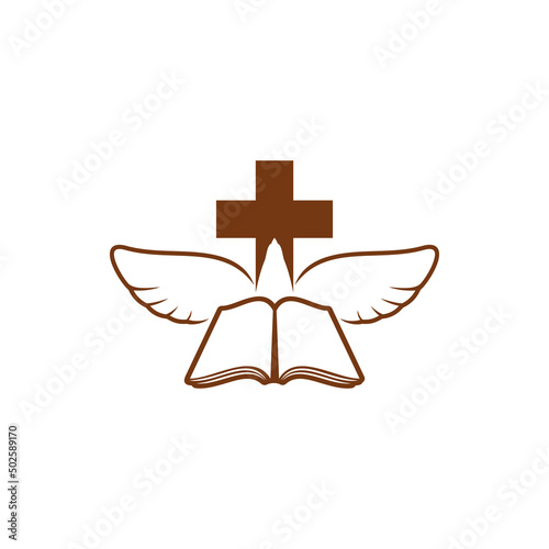 Christianity religion vector icon with Bible, cross and white dove. Christian catholic Holy book, pigeon bird and crucifix symbol isolated on white background, religious emblem