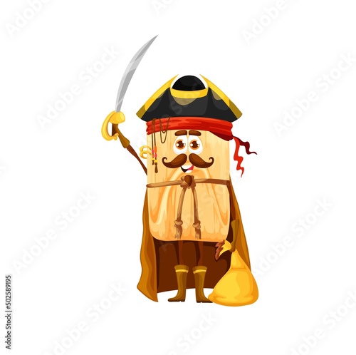 Cartoon tamales pirate captain character. Vector mexican tex mex corsair food personage wear cocked hat, cape and saber in hand. Funny meal or snack of Mexico, game or book filibuster personage