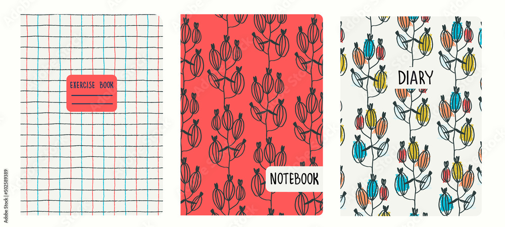 Fototapeta premium Cover page templates based on seamless patterns with hand drawn burdocks, grid. Burdock illustration with brushstroke texture. Backgrounds for notepads, diaries. Headers isolated and replaceable