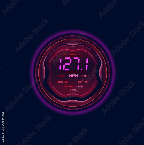 Futuristic car speedometer gauge dial. Neon led speed meter. Vehicle speedometer vector display, automobile odometer digital screen, motorbike dashboard future circle panel with battery charge level