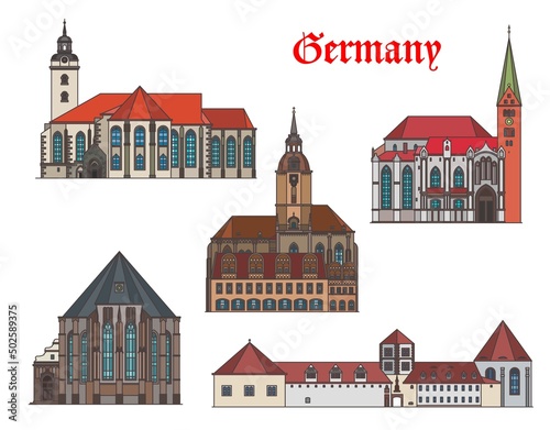 Germany, Augsburg, Torgau, Mortizburg and Naumburg architecture buildings, vector landmarks. German Bavaria and Saxony buildings of St Mary Church and cathedral, castle and Wenzel city church