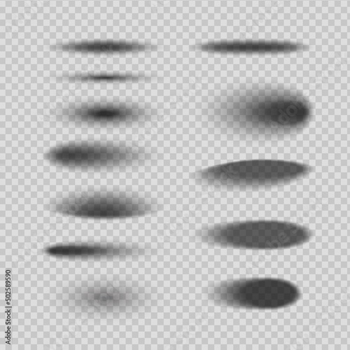 Round and oval realistic transparent shadow effect. Isolated vector black or grey shades with soft edges, ellipse and circle shadow. Set of abstract shadow effect objects circular shape