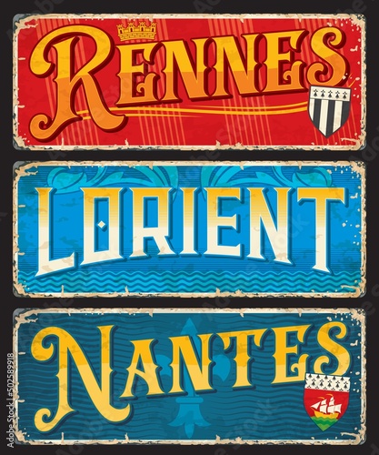 Rennes, Lorient, Nantes french city travel stickers and plates. France travel location stickers, European voyage retro banners or vector tin signs. French cities stickers with ancient Coat of Arms