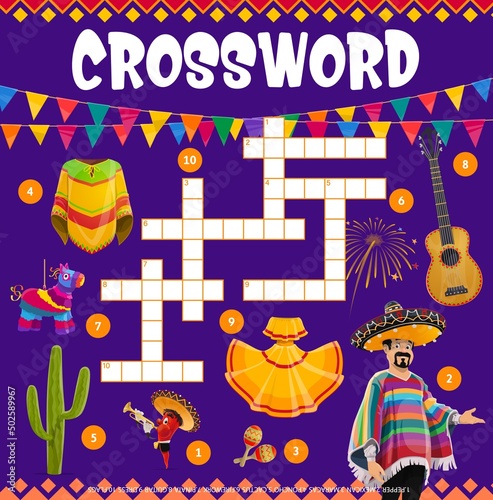Mexican and holiday items crossword grid worksheet. Find a word quiz, vector puzzle game of Mexico guitar, cactus, maracas and pinata, chili pepper and mariachi characters, flags, poncho and dress