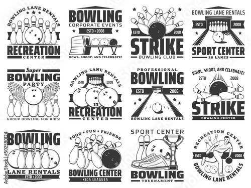 Fotografija Bowling club icons, ball and pin strike sport tournament game center vector emblems