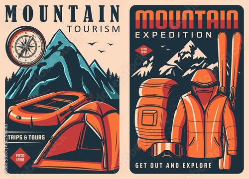 Mountain and climbing sport retro posters. Mountain tourism expedition equipment, clothes and gear vector retro banners with mountains peaks, inflatable boat and tent, tourist backpack, jacket and ski