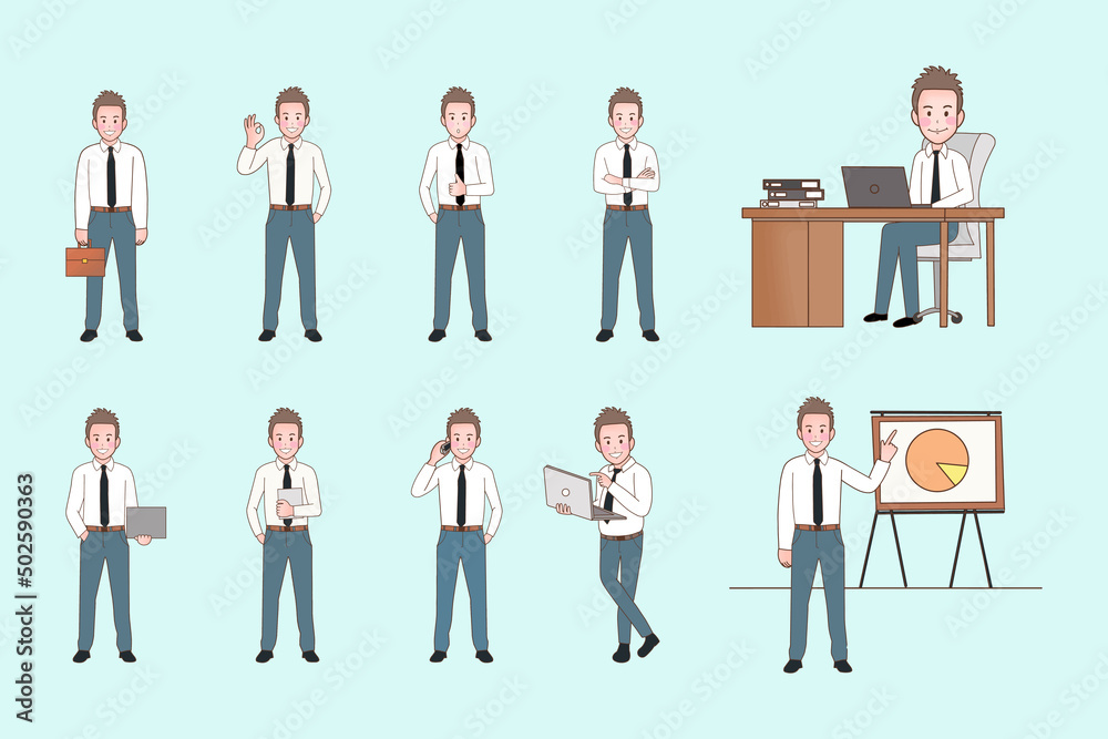 successful businessman cartoon character illustration set, standing and working, success achievement and leader people
