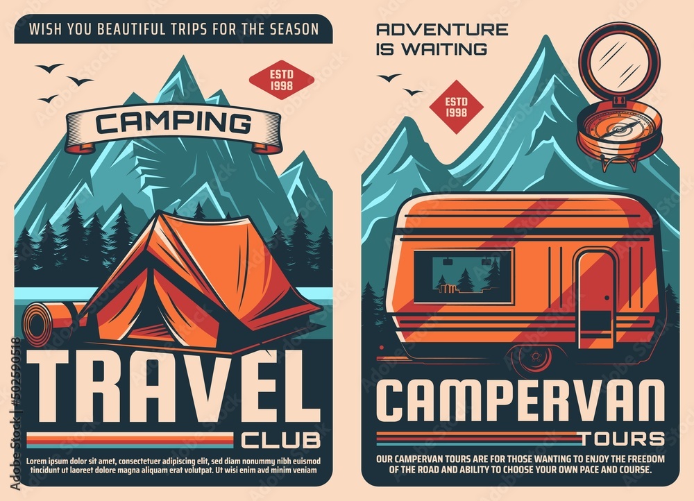 Travel camping and van retro posters, outdoor tourism with camper trailer. Mountaineering or hiking travel club and adventure expedition to mountains or forest lake camp with caravan van or RV truck - obrazy, fototapety, plakaty 