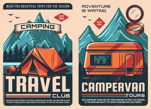 Canvas Travel camping and van retro posters, outdoor tourism with camper trailer
