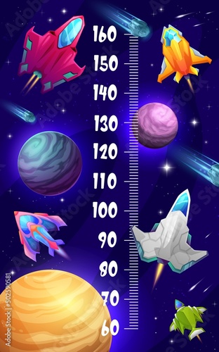 Starship rockets, spaceships in galaxy space, kids height chart, vector growth meter. Cartoon space rocket shuttles and starships or cosmic starcrafts in galactic space on child height chart ruler