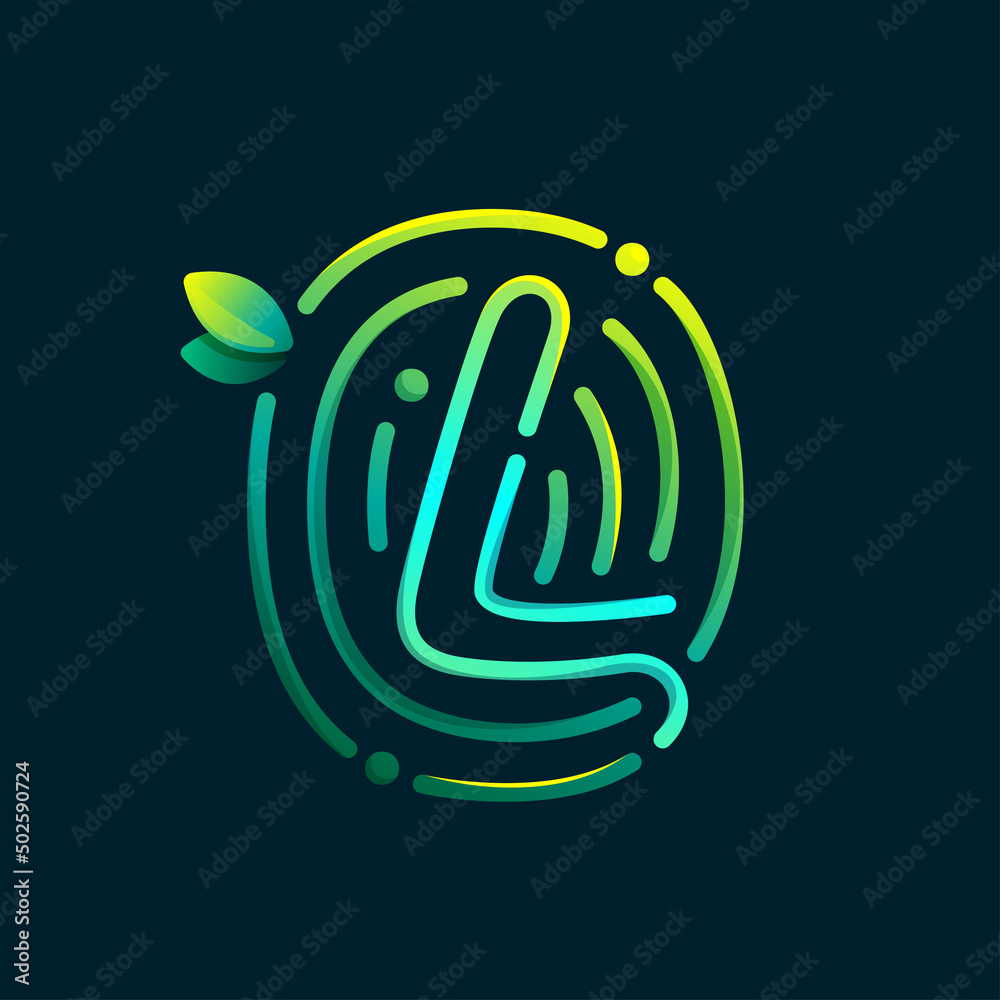 L letter eco logo made of fingerprint. Gradients icon with green leaves ...