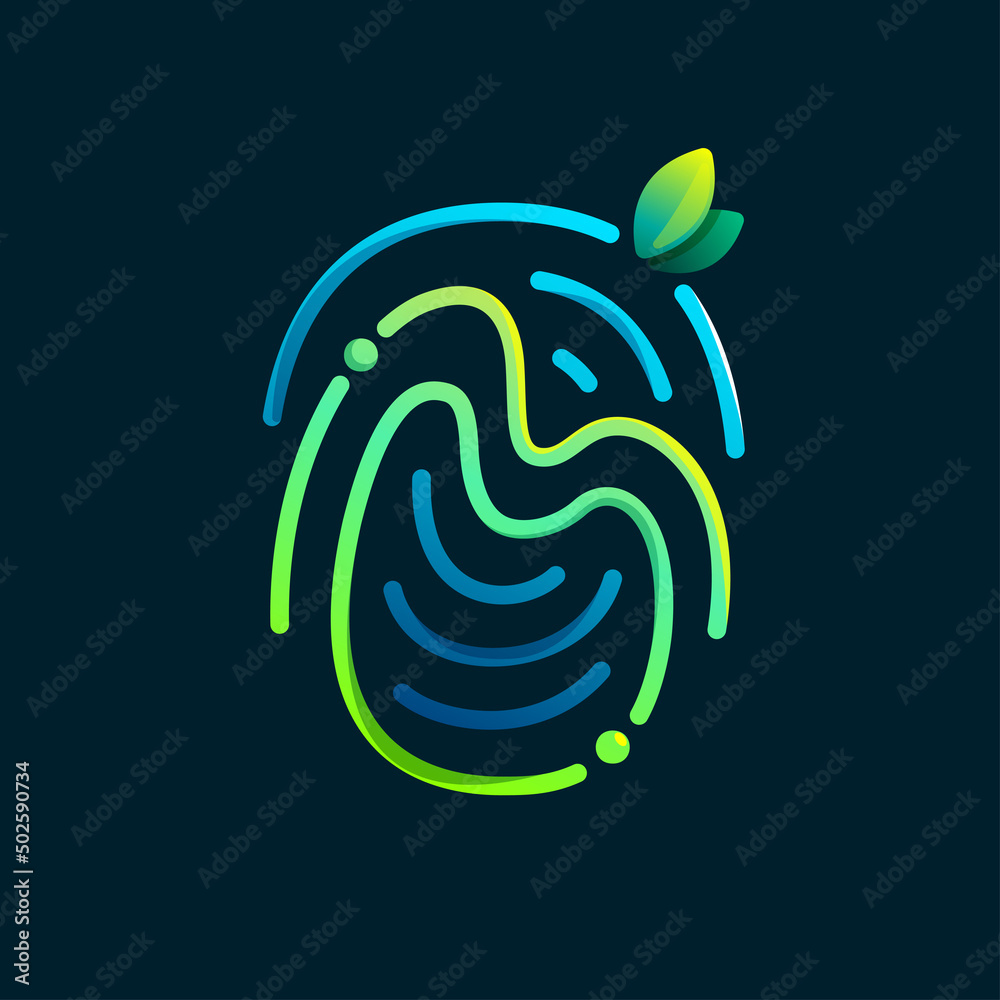 M letter eco logo made of fingerprint. Gradients icon with green leaves ...