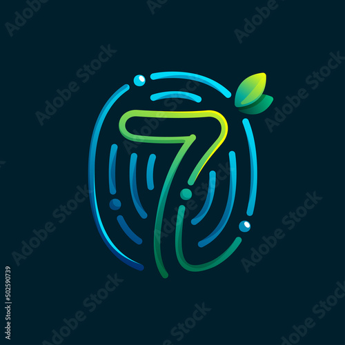 Number seven eco logo made of fingerprint. Gradients icon with green leaves and dew drops.