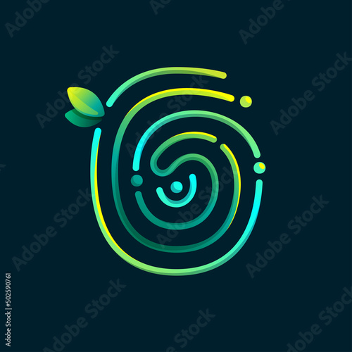 Number six eco logo made of fingerprint. Gradients icon with green leaves and dew drops.