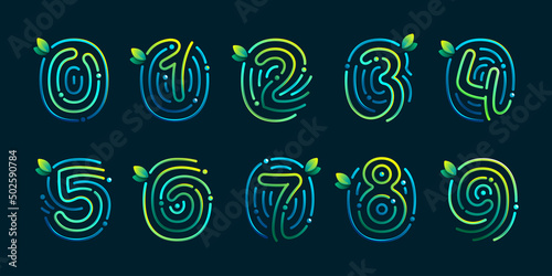 Eco numbers set made of fingerprint. Gradients icons with green leaves and dew drops.