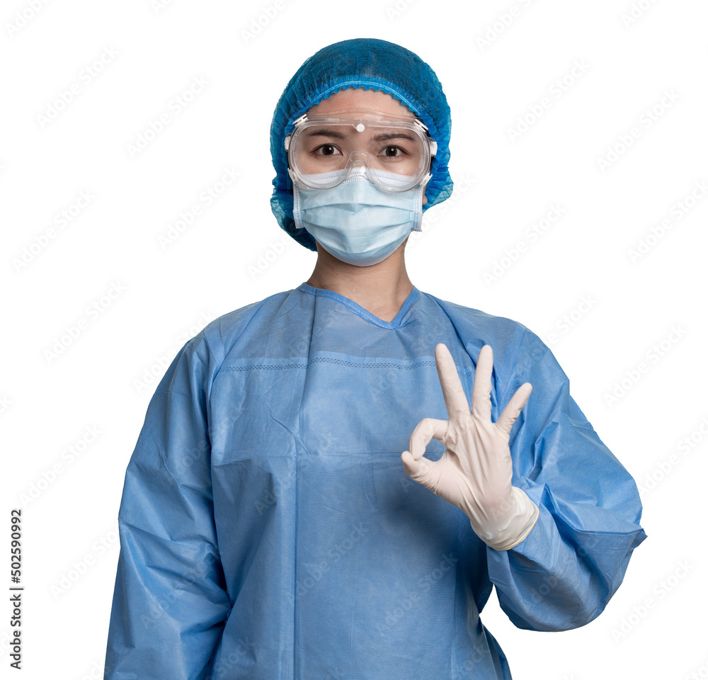 People in protective suit and medical mask on white background showing ok gesture People in protective suit and medical mask on white background showing ok gesture