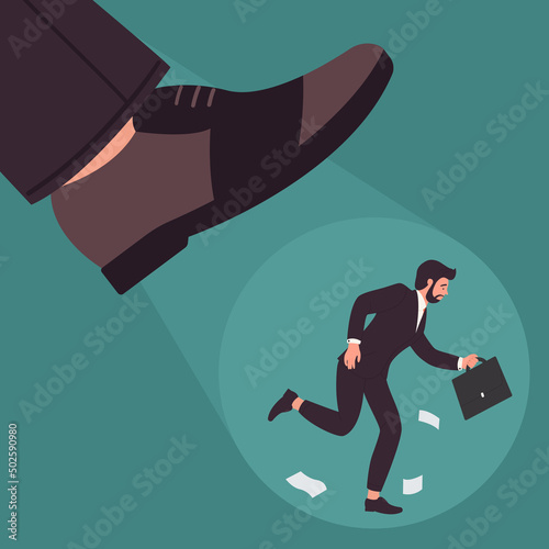 Big foot steps on scared employee vector illustration. Cartoon fired corporate manager running from pressure and abuse, bullying, violence at work background. Discrimination, job loss concept