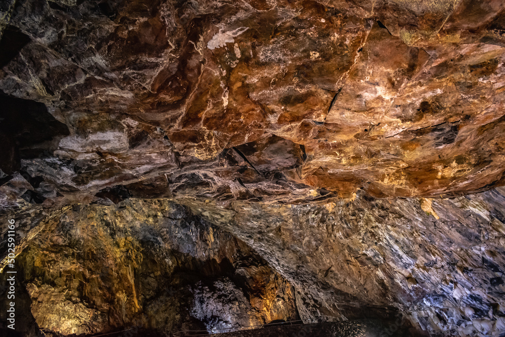 Texture and color of mineral rock on the ceiling of the Algar do Carvão cave, Terceira - Azores PORTUGAL