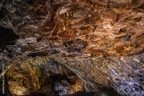 Texture and color of mineral rock on the ceiling of the Algar do Carvão cave, Terceira - Azores PORTUGAL
