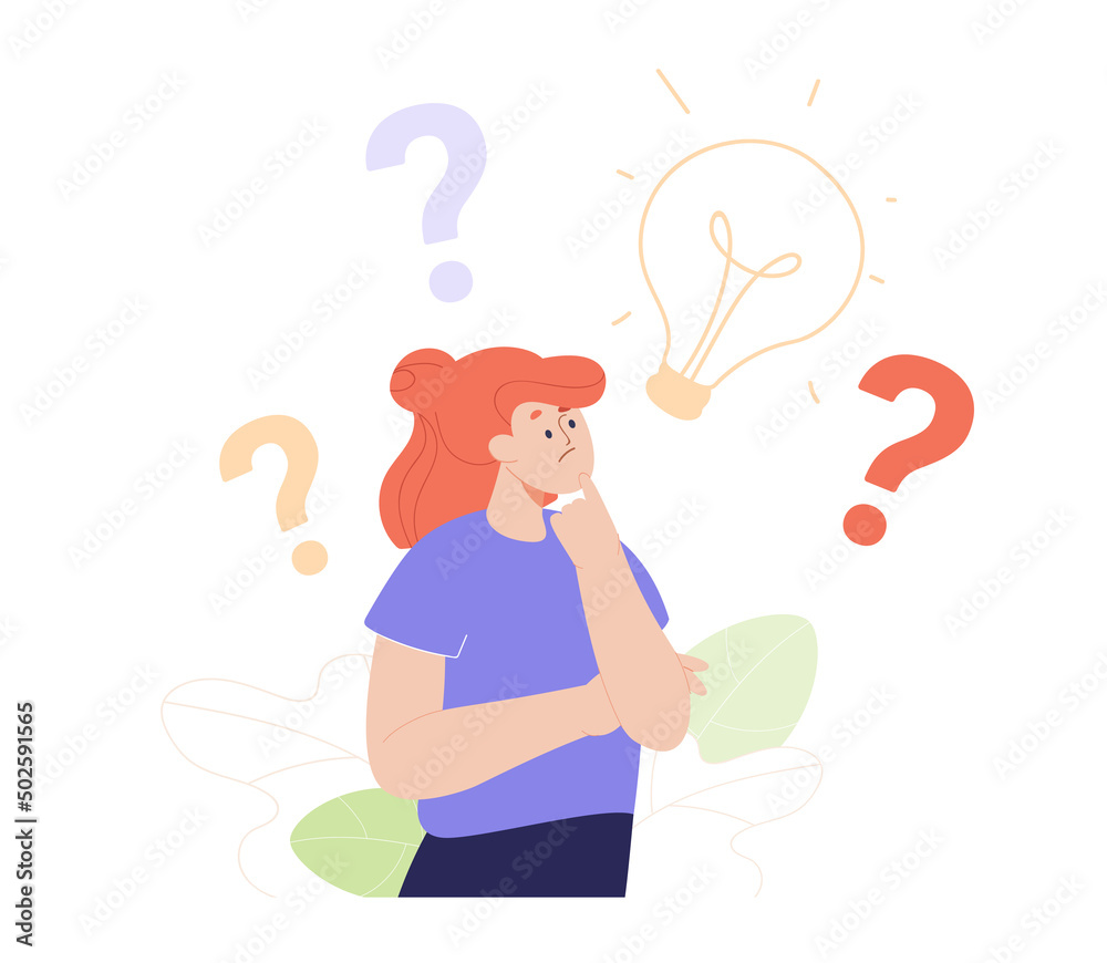 Pensive girl thinking flat vector illustration. Question marks and lightbulb in background. Woman searching for solutions and ideas. Problem, wonder, choice concept Pensive girl thinking flat vector illustration. Question marks and lightbulb in background. Woman searching for solutions and ideas. Problem, wonder, choice concept