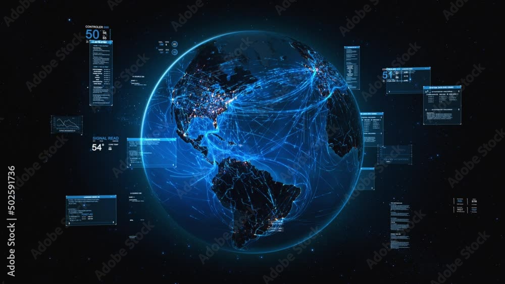 
Rotating Earth With Bright Connections Forming a Network. Loopable 360 View.  
Animation Of The Earth with Augmented Reality Elements, Text Boxes, Interfaces And Graphs. 