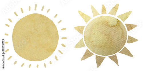 Watercolor set of two cute cartoon sun with rays in neutral boho style.