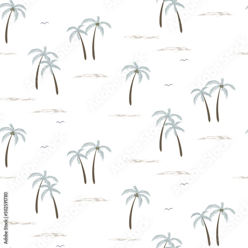 Palm trees vector seamless summer pattern. Wrapping paper summer pattern. Cute doodle summer pattern with palm tree and waves