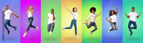 Multiethnic young people having fun on studio backgrounds, collage