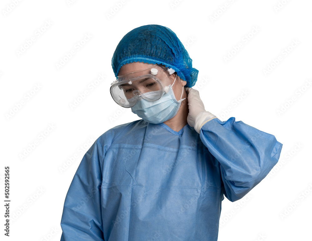 Female doctor or nurse wearing protective suit is suffering from neck pain Female doctor or nurse wearing protective suit is suffering from neck pain