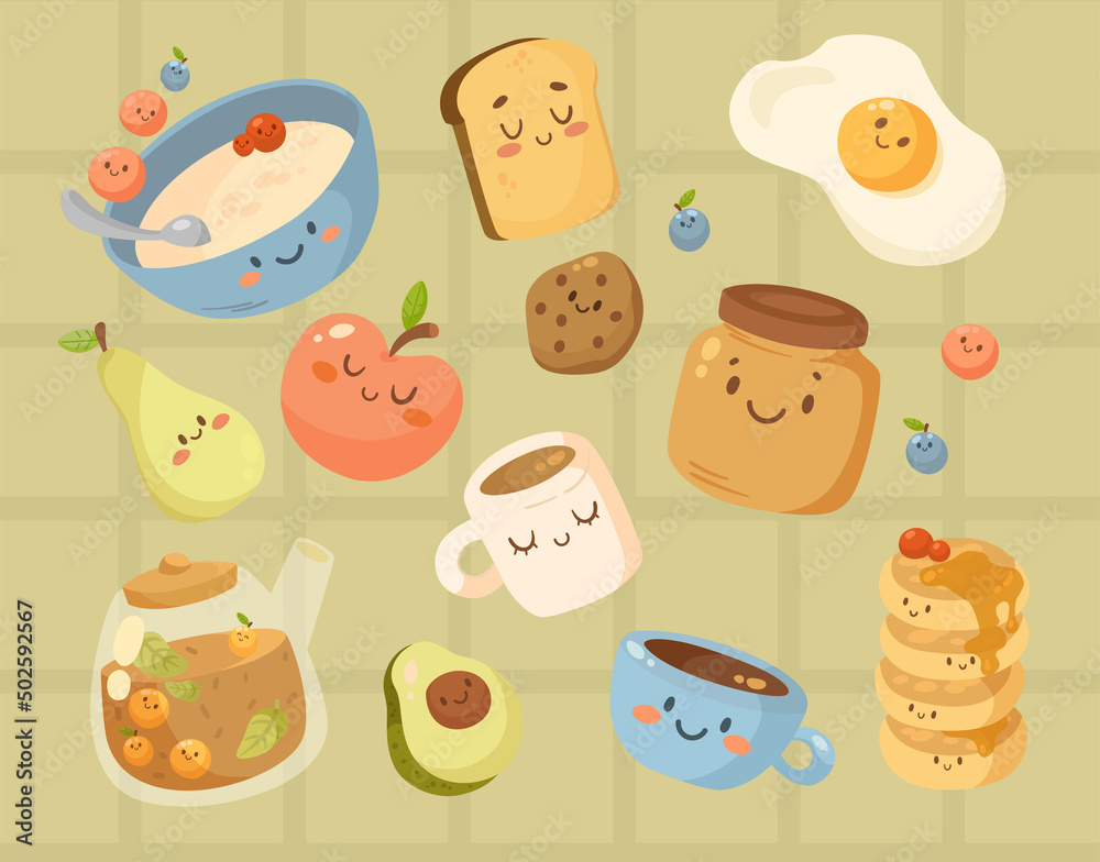Funny breakfast food with faces cartoon illustration set. Cute porridge, fruits, berries, boiled egg, biscuits characters. Cups of coffee, tea and teapot. Meal, morning routine concept