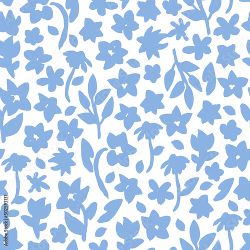 Hand drawn, floral seamless pattern. Botanical vector background with painted flowers. Craftdrawn retro styled small scaled fashion print for fabric, paper, home textile and goods