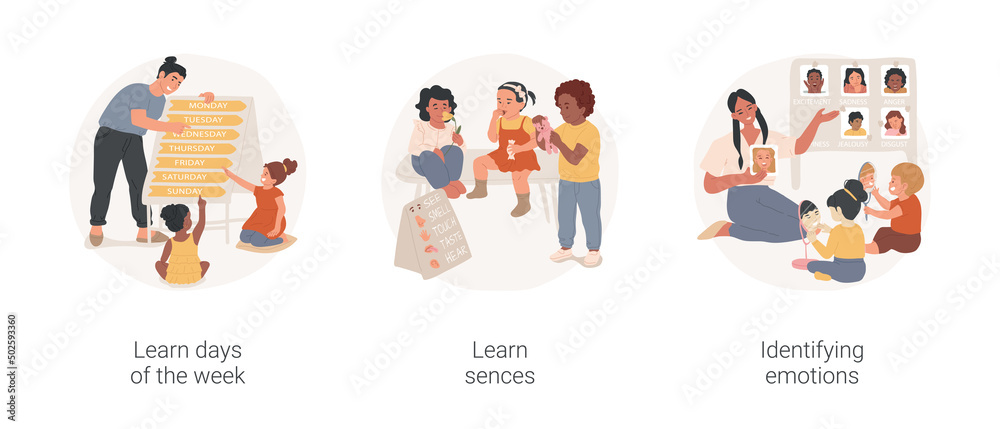 Fototapeta premium Kids social and emotional skills isolated cartoon vector illustration set. Learn days of the week, learn sences, identifying emotions, early education in daycare, kindergarten vector cartoon.