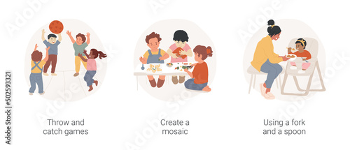 Kids motor skills development isolated cartoon vector illustration set. Throw and catch games, create a mosaic, using fork and spoon, play a game, kindergarten activity, self-care vector cartoon.