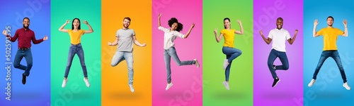 Cheerful multicultural millennials jumping up and gesturing, collage