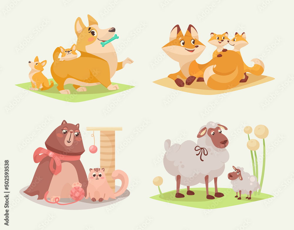 Mom and baby animals cartoon illustration set. Cute little corgi, dogs, cat, fox and sheep playing games, having fun with parents. Pet, friendship, greeting concept Mom and baby animals cartoon illustration set. Cute little corgi, dogs, cat, fox and sheep playing games, having fun with parents. Pet, friendship, greeting concept