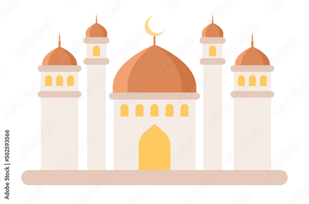 Islamic mosque building icon. Greeting Eid Mubarak. Ramadan Kareem. Vector flat illustration