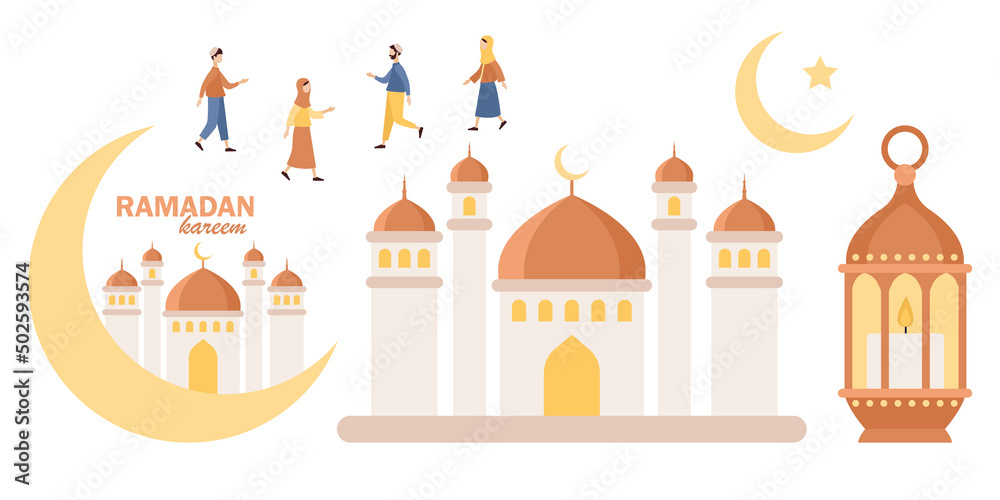 Ramadan Kareem gold icons set. Greeting Eid Mubarak. People celebrate Ramadhan Holy month in Islam. Crescent and star, mosque, ramadan lantern. Vector flat illustration 