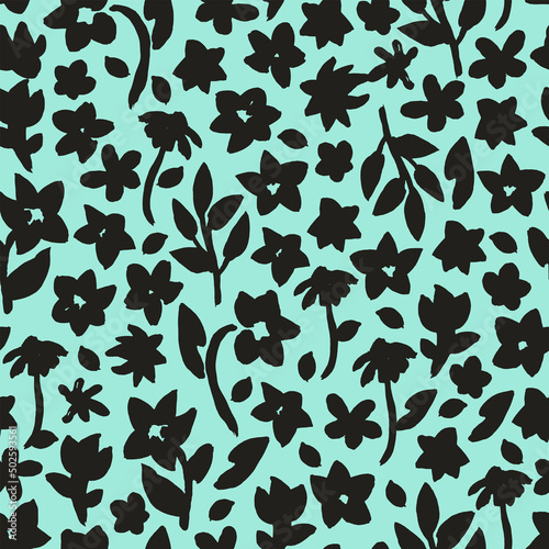 Hand drawn, floral seamless pattern. Botanical vector background with painted flowers. Craftdrawn retro styled small scaled fashion print for fabric, paper, home textile and goods