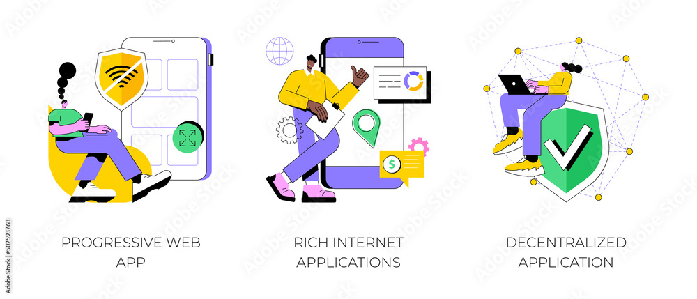 Mobile app development abstract concept vector illustration set. Progressive web app, rich Internet and decentralized applications, open source platform, user interaction design abstract metaphor.