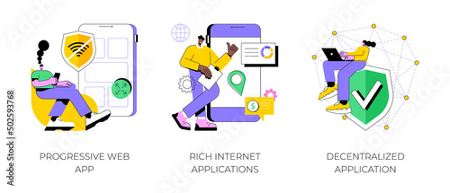 Mobile app development abstract concept vector illustration set. Progressive web app, rich Internet and decentralized applications, open source platform, user interaction design abstract metaphor.